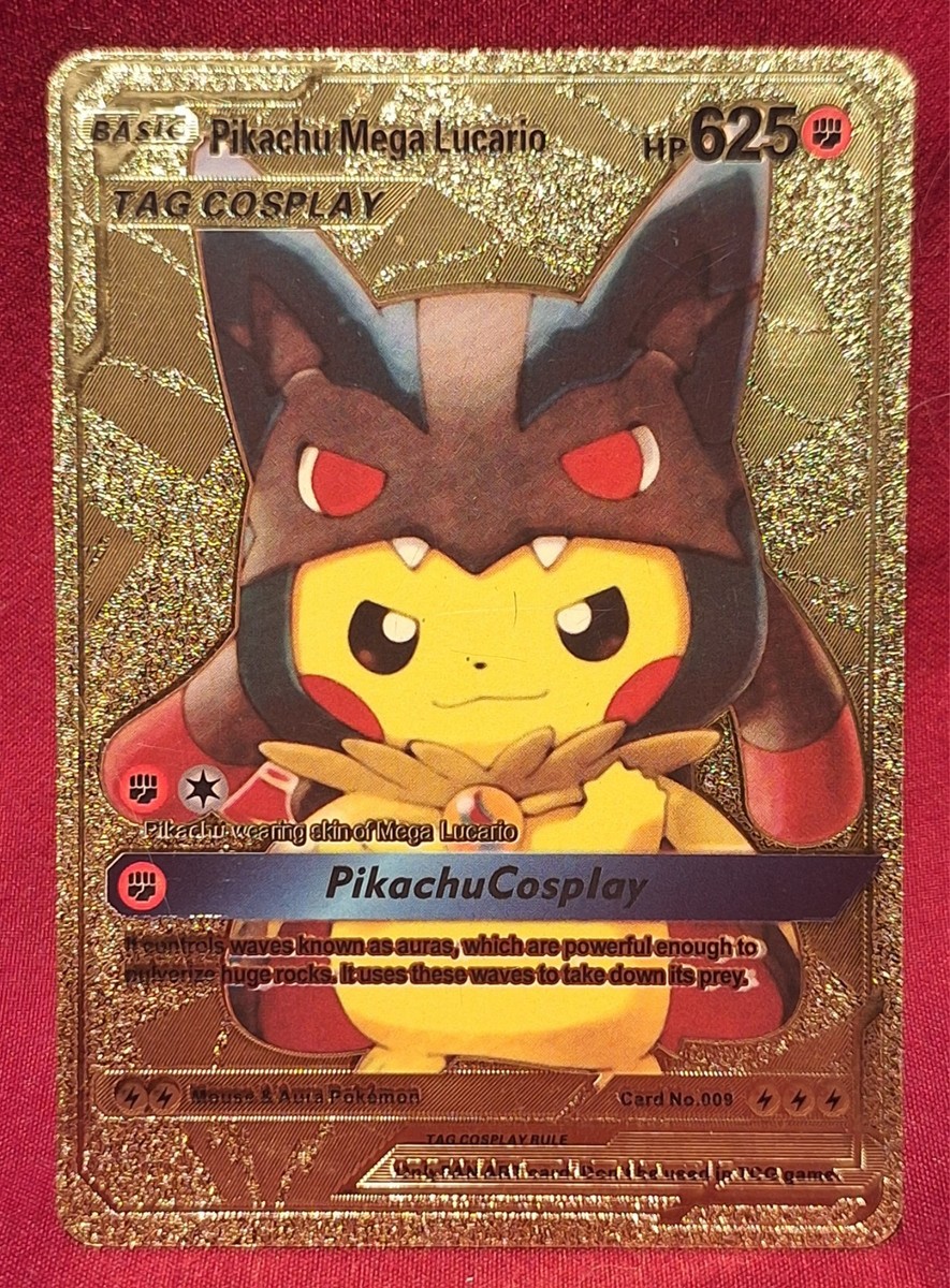 Pokemon Pikachu Mega Lucario Cosplay 625HP Gold Foil Fan Art Card
