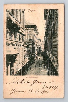 Italy- Genoa Garibaldi Street Souvenir Postal Old Card PC Vintage c1900 Postcard
