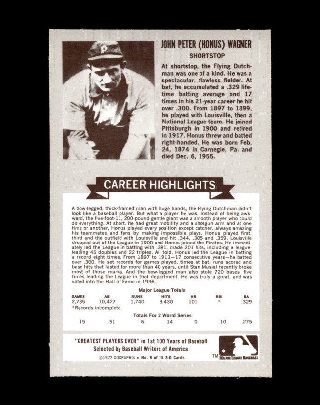 1972 Kellogg's ATG Set-Break #  9 Honus Wagner NM-MT OR BETTER *GMCARDS* view 2