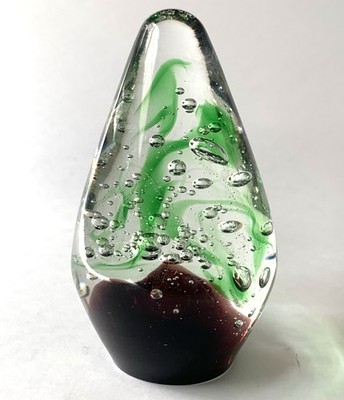 Vintage Handblown Art Glass Paperweight Green Brown Swirl Design Teardrop Shape