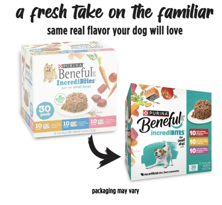 Comida húmeda pequeña Purina IncreditBites para perros pollo suave, carne de res y salmón (paquete de 60) Foto 3 de 4