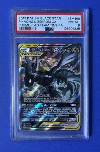 2019 PM SM Black Star Pikachu & Zekrom GX Promo Tag Team Tins FA #SM168 PSA 8