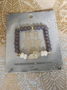 Authentic Hamsa Hand of Fatima Natural Rocks Bead 14k Gold Plated Bracelet