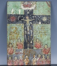 ANTIQUE SPANISH COLONIAL MEXICAN RETABLO PAINTING ON METAL OF JESUS ON CROSS #1