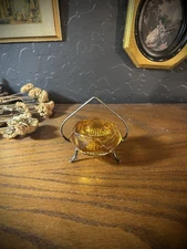 Vintage amber hexagon cut glass salt cellar with EPNS on carrier