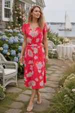Talbots Petite Red Pink Floral Button Front Belted Midi Dress 10P Short Sleeve