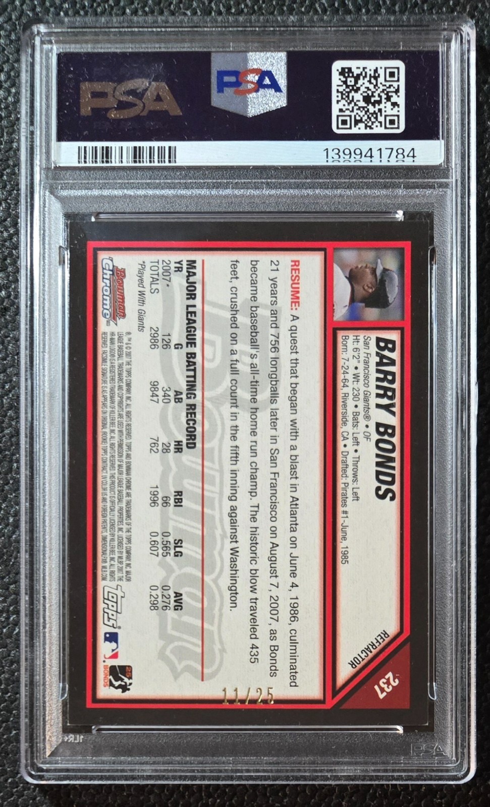2007 Bowman Chrome * BARRY BONDS #237 ORANGE REFRACTOR /25 * PSA 7 view 2