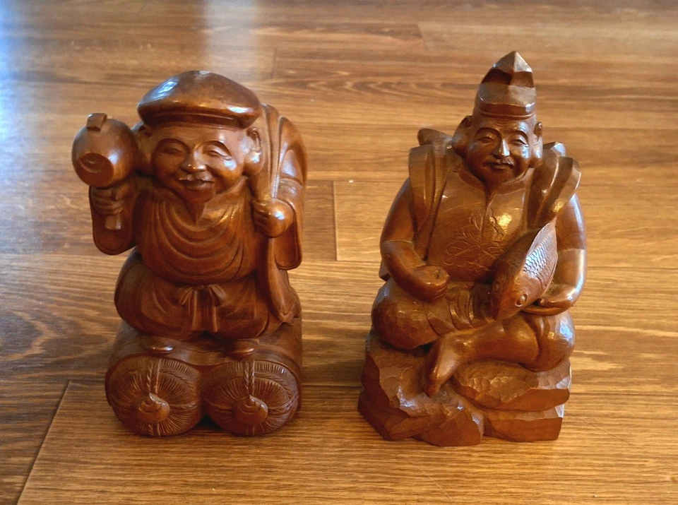 Pair Japanese Wooden Meji Period Kitchen Gods, Daikoku & Ebisu! Signed Toko!! - Image 3 of 4