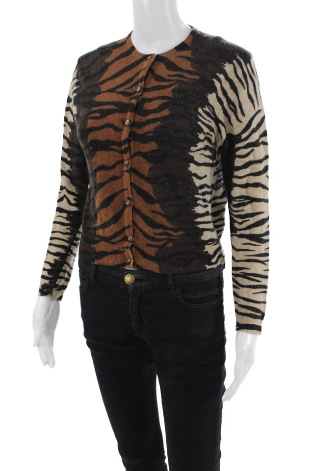 Classiques Entier Womens Lambswool Animal Print Cardigan Sweater Brown Size XS - Image 2 of 4