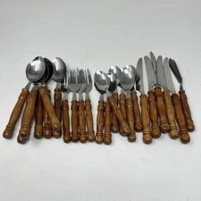 Vintage Lifetime Wooden Handle Stainless Steel Flatware 24 Piece Lot Taiwan Tiki