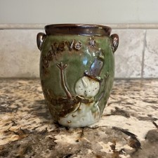 Christmas Snowman Jar "Believe" Green Rustic Ceramic Pottery No Chips 5” Tall