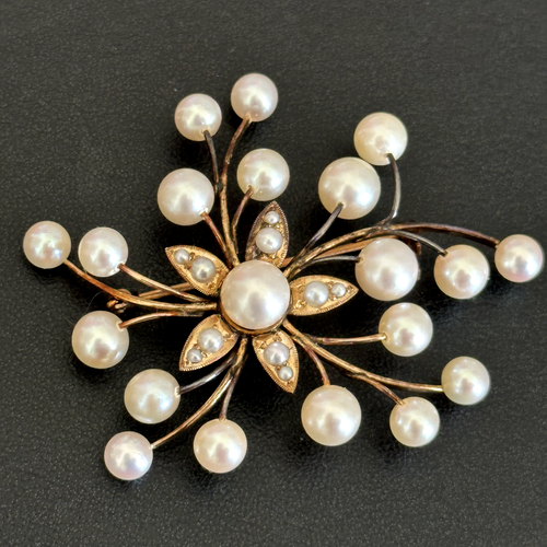 Vintage 14K Yellow Gold Genuine Pearls Flower Branches Plant Ladies Brooch Pin - Picture 2 of 12