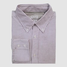 Brunello Cucinelli Men Purple White Stripe Button-up Oxford Sport Shirt Size XL