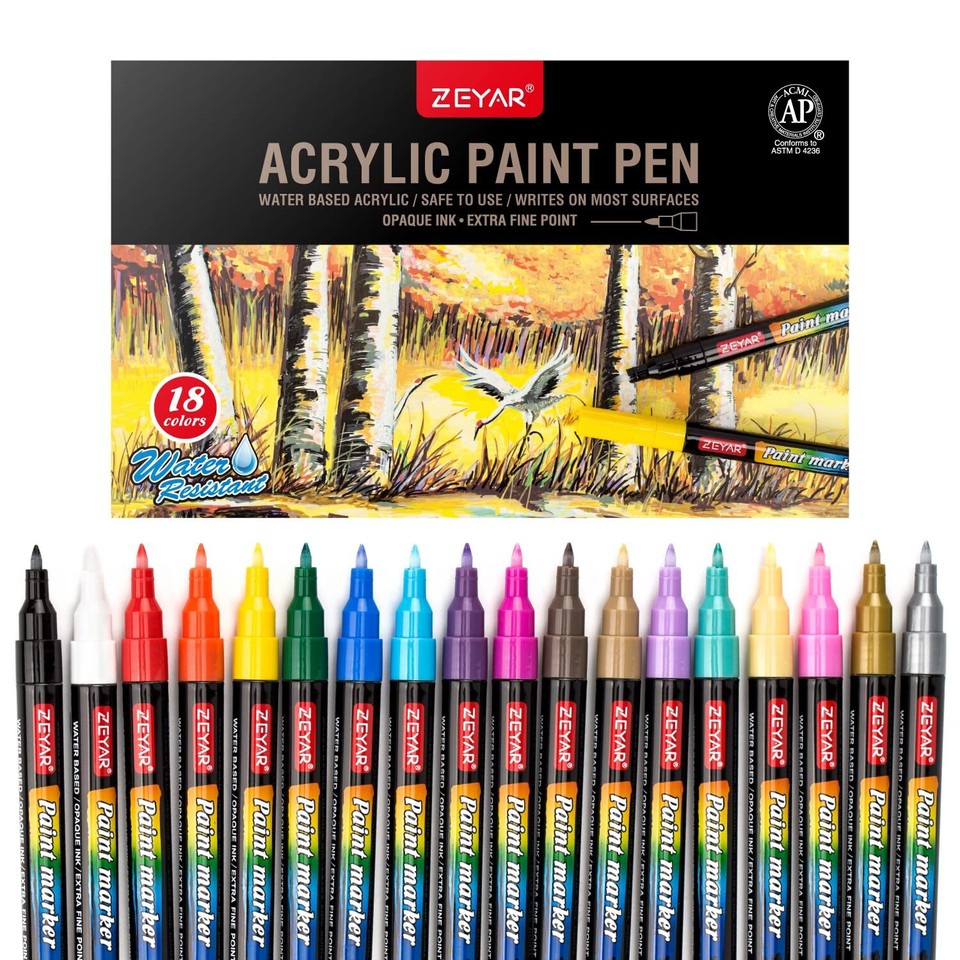 ZEYAR Premium Acrylic Paint Pen, Water Based, Extra Fine Point, 18