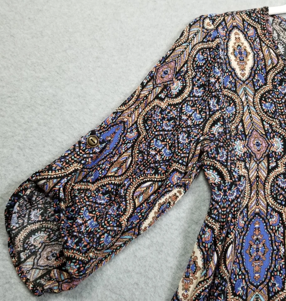 Blusa exuberante para mujer pequeña S con estampado integral manga 3/4 boho cuello en V recortado rayón Foto 3 de 4