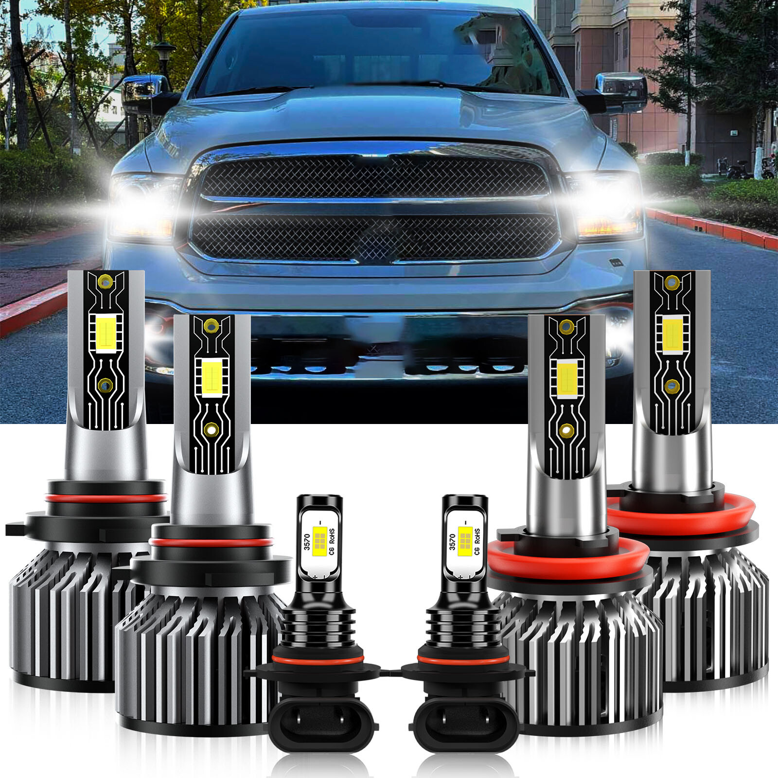For Dodge Ram 3500 2009-2010 Combo LED Headlight Hi Low Fog Light Bulb Kit 6500K