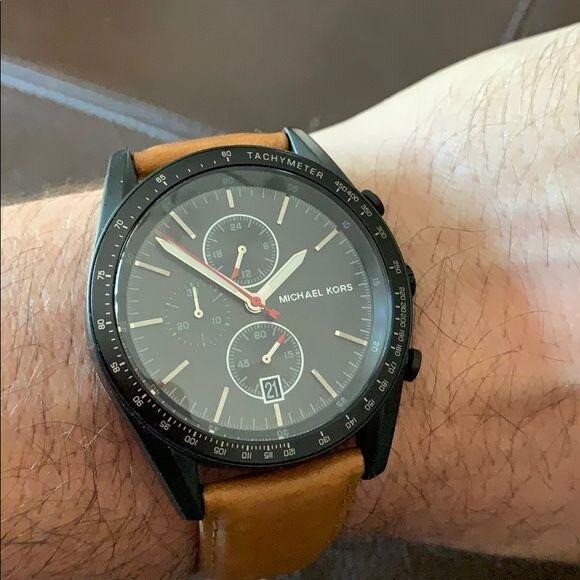 Michael Kors Tan Leather strap Black Ion Plated Chronograph Watch