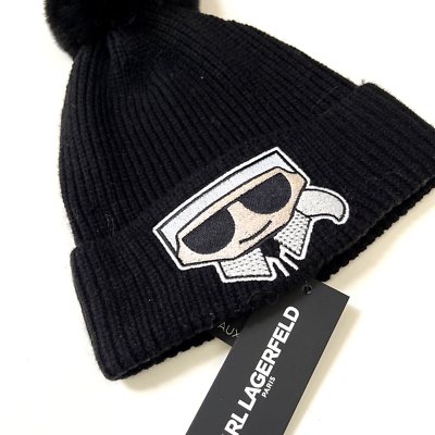 NWT Karl Lagerfeld Paris Beanie Hat Knit PomPom Rhinestones  display picture 3