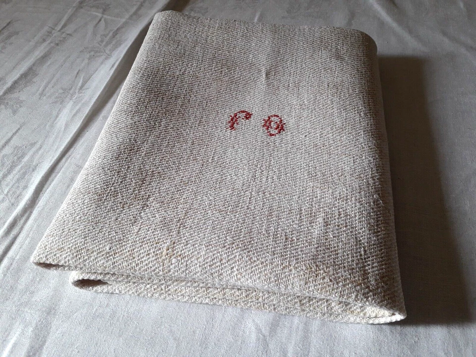 N03 Ancien torchon en chanvre brodé rouge monogramme FO 73X102cm OLD HEMP CLOTH - Photo 2/4