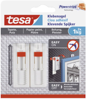 Tesa Klebenagel für Tapeten & Putz verstellbar Klebehaken bis 1kg 2 St. 77774