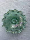 Vintage Fenton Glass Iridescent Sea Green Bowl with Ruffled Edges Holly Berrys