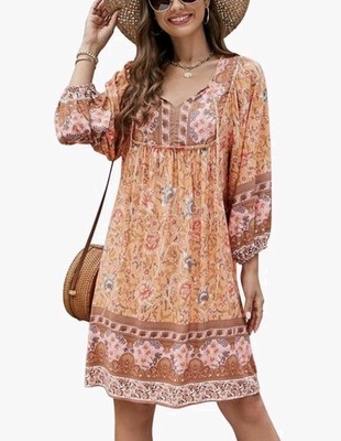 Bluetime Women Medium Casual Boho Gypsy Vacation Hippie Dress Orange Floral