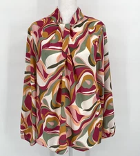 Pleione Blouse Womens Medium Multicolor Abstract Mod Print Tie Neck Career Artsy