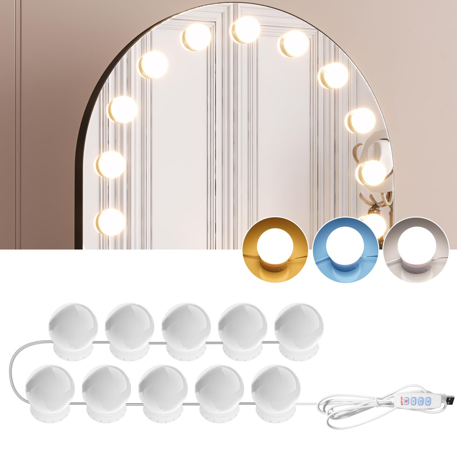 Lumière de miroir de vanité 10 ampoules de maquillage dimmable USB pour miroir coiffeuse