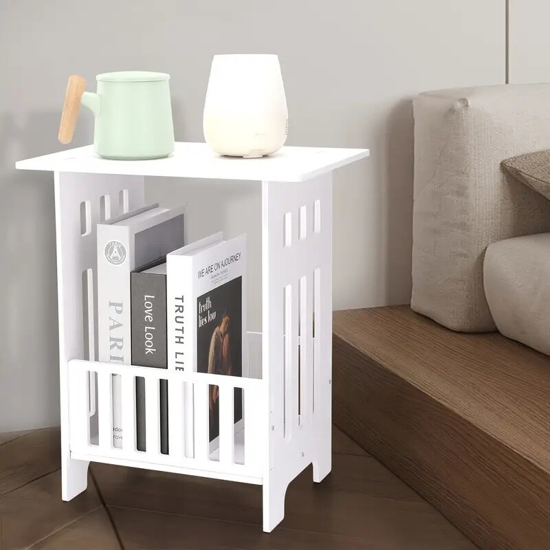 Small White Bedside Table Living Room Bedroom Side Table PVC Storage Rack
