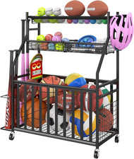 Garage Sports Equipment Organizer,Sports Ball Organizer with Wheels,Mesh Pocket,
