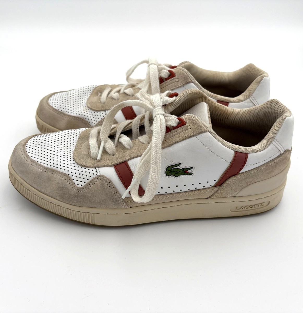 Lacoste Mens Sneakers Size 8.5 White Beige Red Stripe Suede 