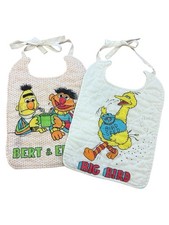Vtg Muppets Baby Bibs Set Of 2 Bert Ernie Big Bird Sesame Street Cotton Neck Tie