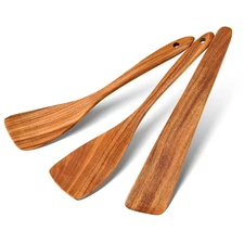 3Pcs Wood Spatulas for Cooking Natural Teak Wooden Utensil Set - Flat Spatula