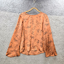 Basque Womens Blouse Top Size 12 Brown Black Floral Satin Long Sleeve Round Neck