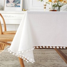 Modern Minimalist White Ball Tassel Tablecloth Washed Cotton Christmas Tableclot