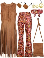 7 PCS 70s Women Hippie Costume Fringe Vest Bag Pant Headband Halloween