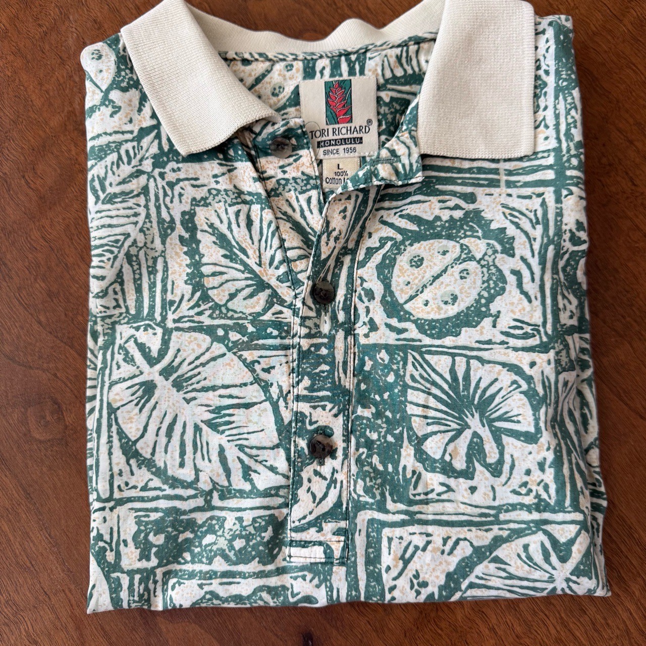 Tori Richard Polo Shirt Mens Large Beige Green Ca… - image 1