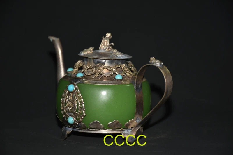 Exquisita olla de vino con mango de extremo de piedras preciosas de pino verde con incrustaciones de cobre plateado de China Foto 4 de 4