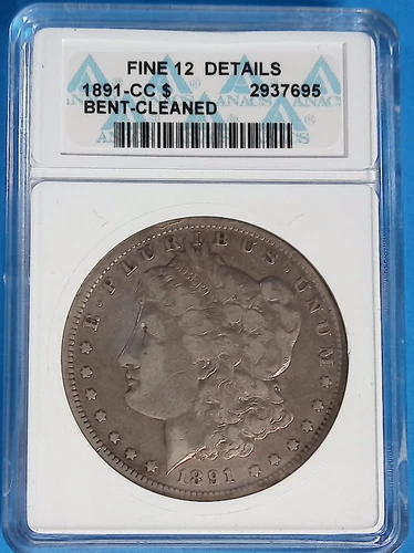 1891 CC $1 Morgan Silver Dollar ANACS Fine 12 Details Bent-Cleaned