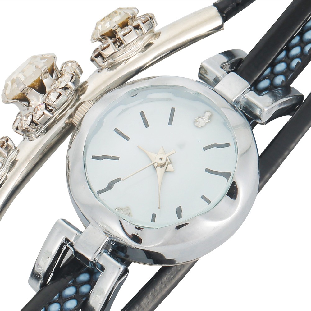 Women Rhinestone PU Strap Round Dial Quartz Bracelet Watch Wristwatch Black BLW