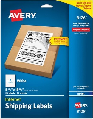 Avery Half-Sheet Printable Shipping Labels, 5.5'' x 8.5'' Customizable Stickers, W