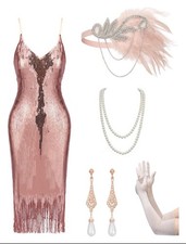 Flapper Gatsby 1920s Dress SM 6 PC Set Dance Fringe Party Cocktail Sequin