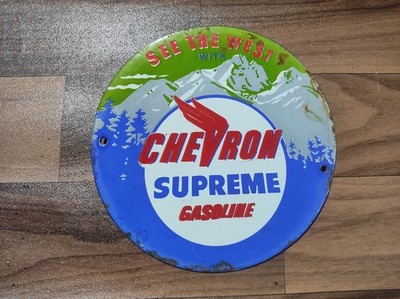 Porzellan Chevron Supreme Benzin Emaille Blechschild Schild Größe 6'' Zoll rund