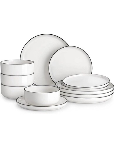 12 Plates & Bowls Malacasa Porcelain Dinnerware White with Black Trim