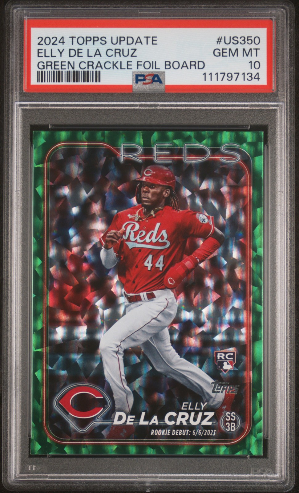 2024 TOPPS UPDATE GREEN CRACKLE FOIL BOARD #US350 ELLY DE LA CRUZ 37/499 PSA 10