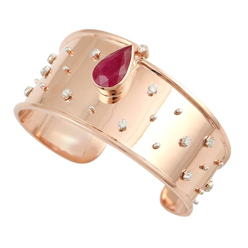 14k Rose Gold Diamond Ruby Hand Cuff For Women Fine Jewelry - Picture 1 of 6