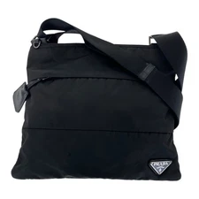 PRADA Tessuto Triangle with logo Shoulder Bag Black SilverHardware Nylon/leather