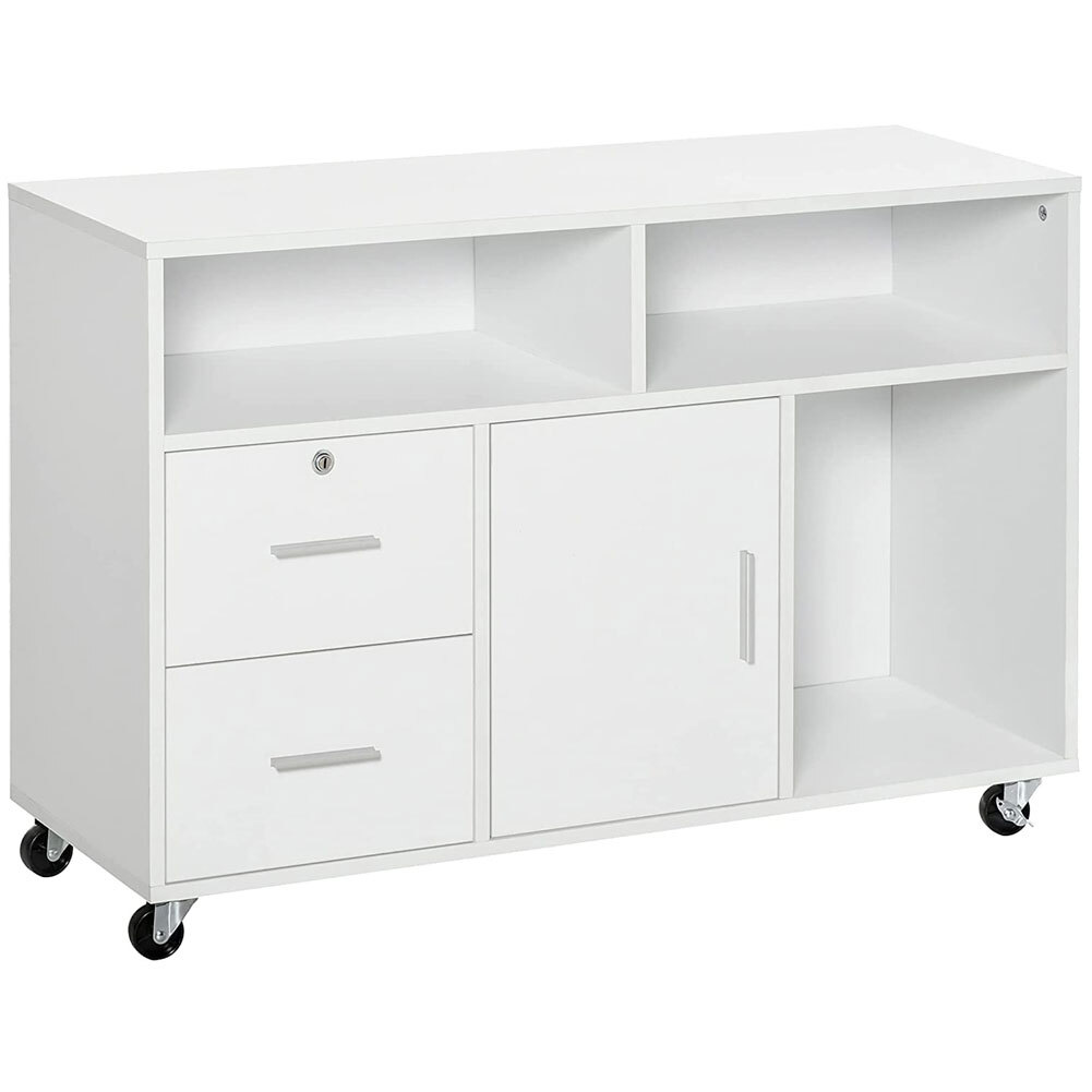 Mobile Porta Stampante Con Ruote - Armadietto Bianco Con 2 Cassetti, Anta E Scomparti, 76x36.7x74.5 Cm