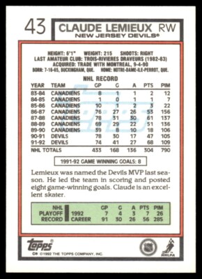 1992 Topps #43 Claude Lemieux - New Jersey Devils | eBay