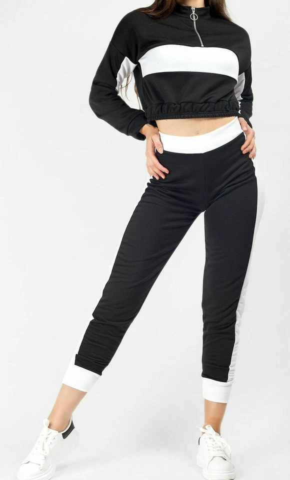 Conjunto de 2 piezas de ropa de salón para mujer 2 tonos cremallera chándal joggers top corto cómodo Foto 2 de 4